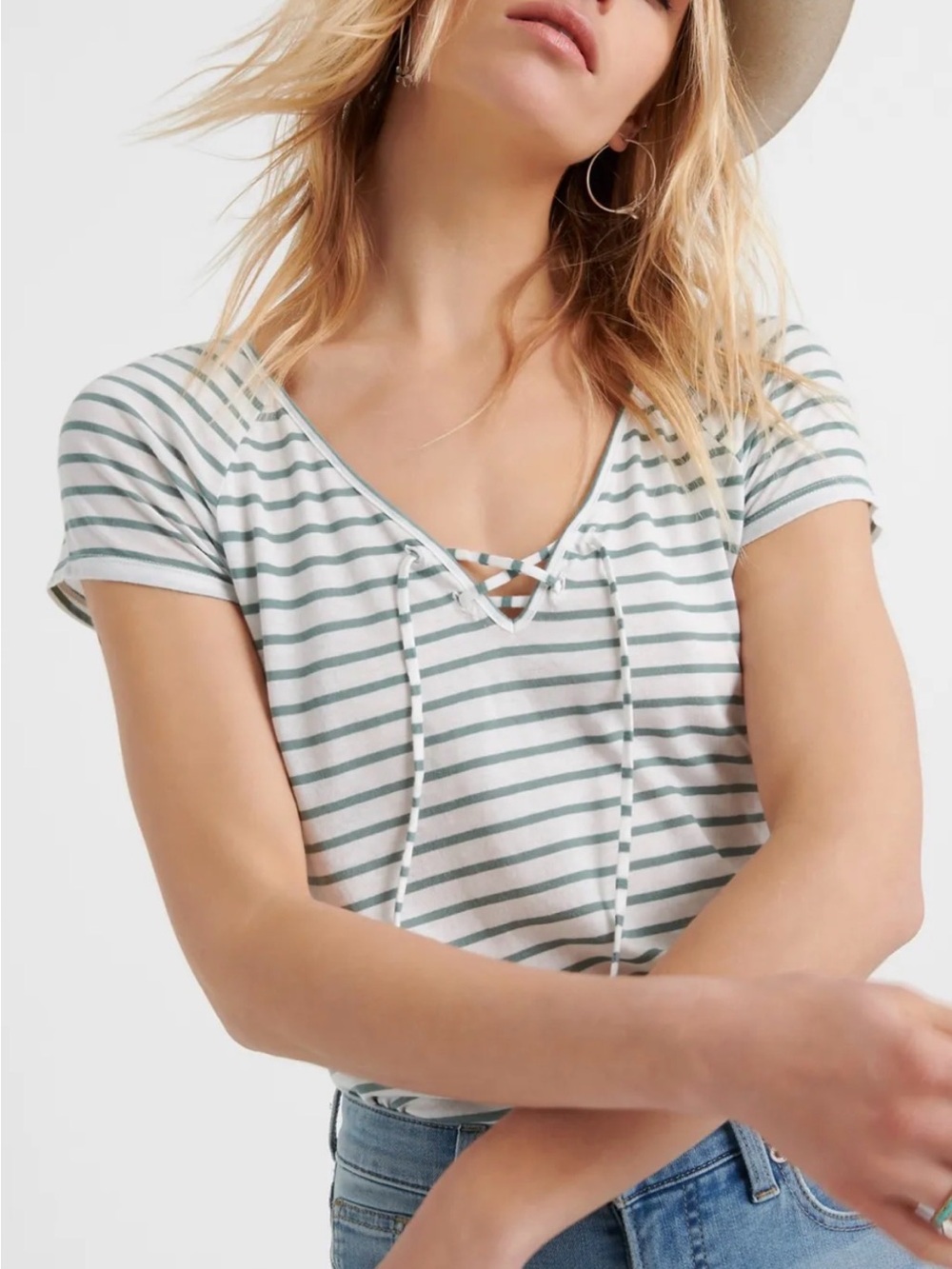 Lucky Brand Mint Green/White Striped Lace-Up Top